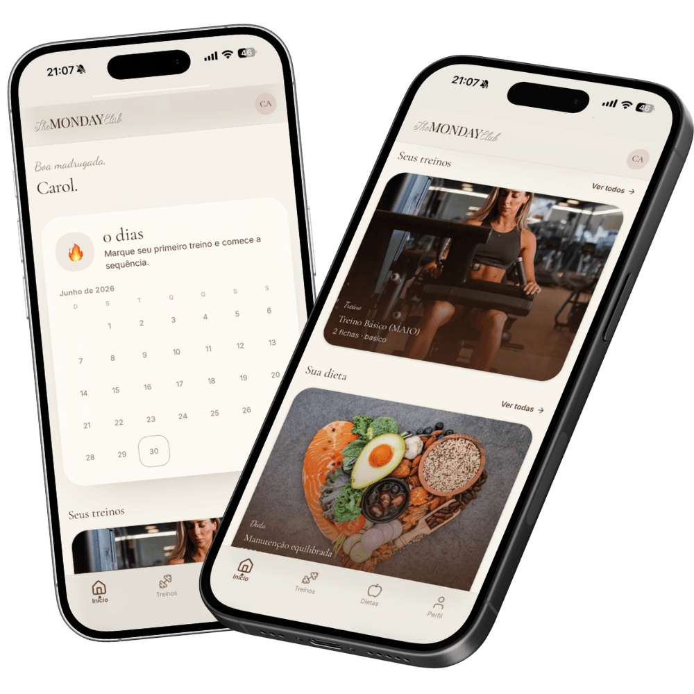 App da consultoria Monday Club: streak de treinos, treinos e dieta